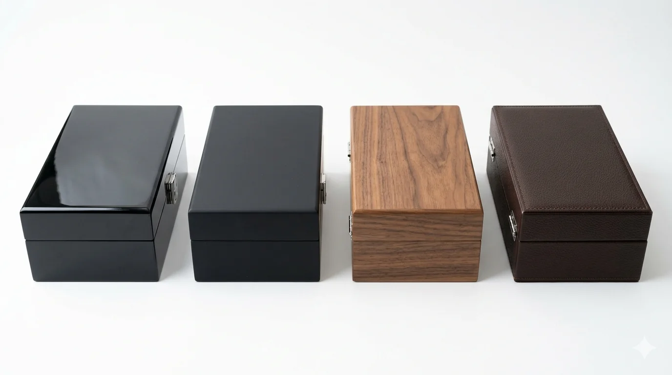 Close-up of glossy lacquer, matte coating, veneer, and leather-textured watch boxes with alt text
