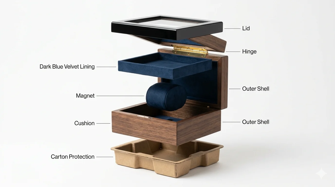 Exploded view of a premium watch box showing lid, hinge, cushion, lining, outer shell, magnet, and carton protection with alt text