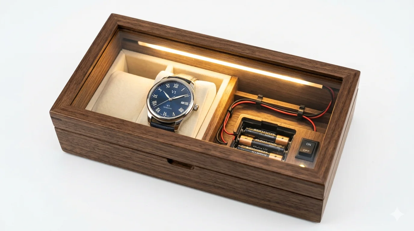 LED watch box with warm light illuminating a watch dial, visible battery compartment, switch, and wire routing with alt text