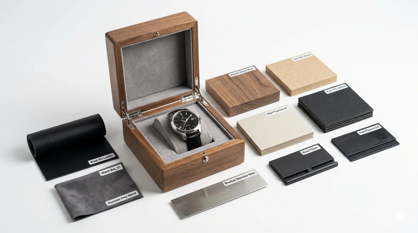 Material swatches of wood, MDF, PU leather, paperboard, plastic, metal, and velvet with alt text