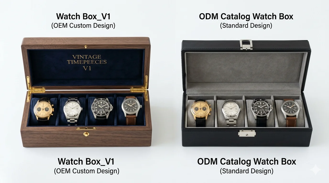 Side-by-side OEM custom watch box design and ODM catalog watch box with alt text