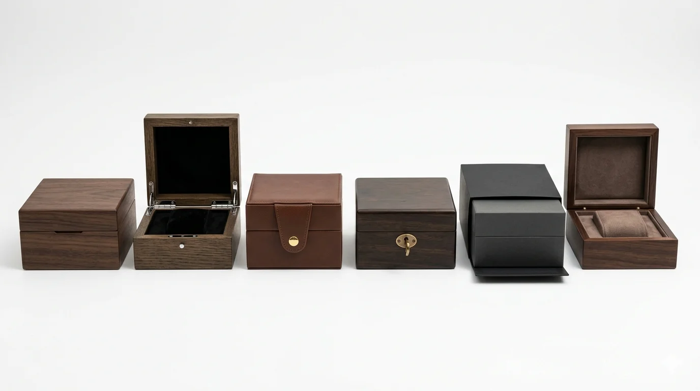 Watch box closures showing magnetic lid, metal hinge, snap button, lock, sleeve, and lift-off lid with alt text