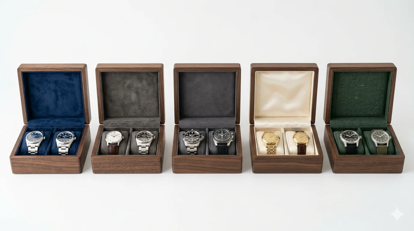 Watch box interiors with velvet, suede, microfiber, satin, and recycled fabric linings with alt text
