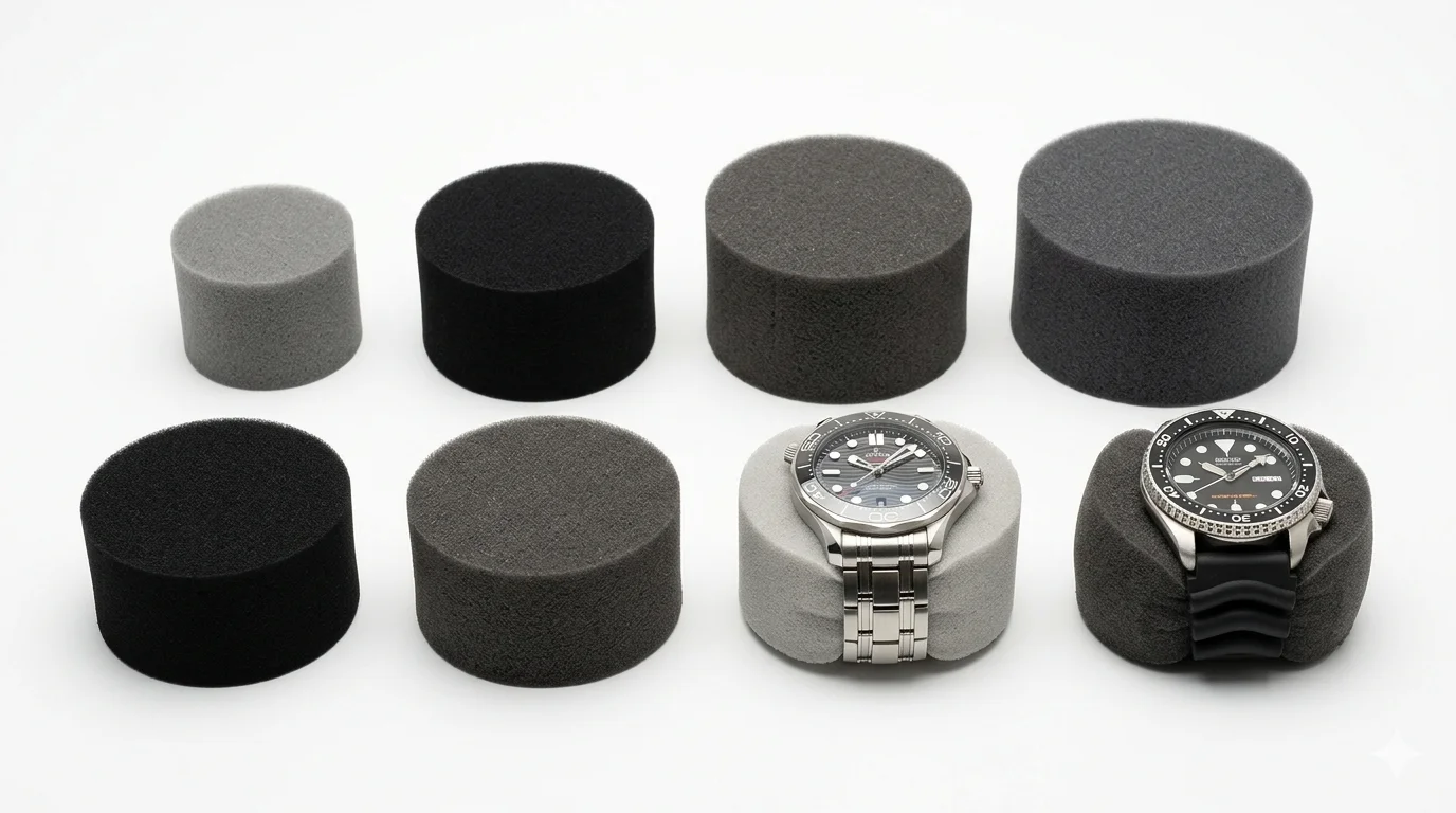 Watch cushions in different diameters, heights, foam densities, and compression levels with alt text