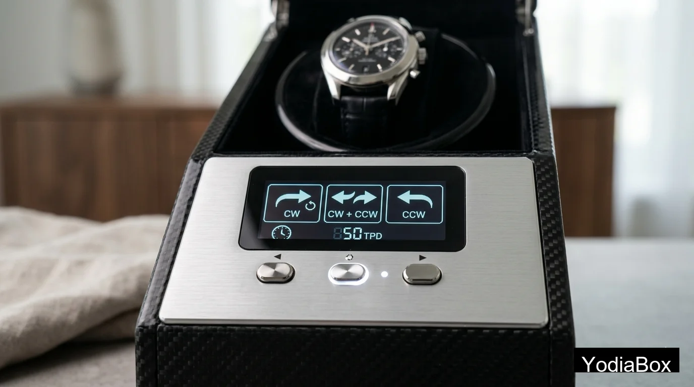 close-up of programmable watch winder control panel showing clockwise, counterclockwise, and bi-directional settings