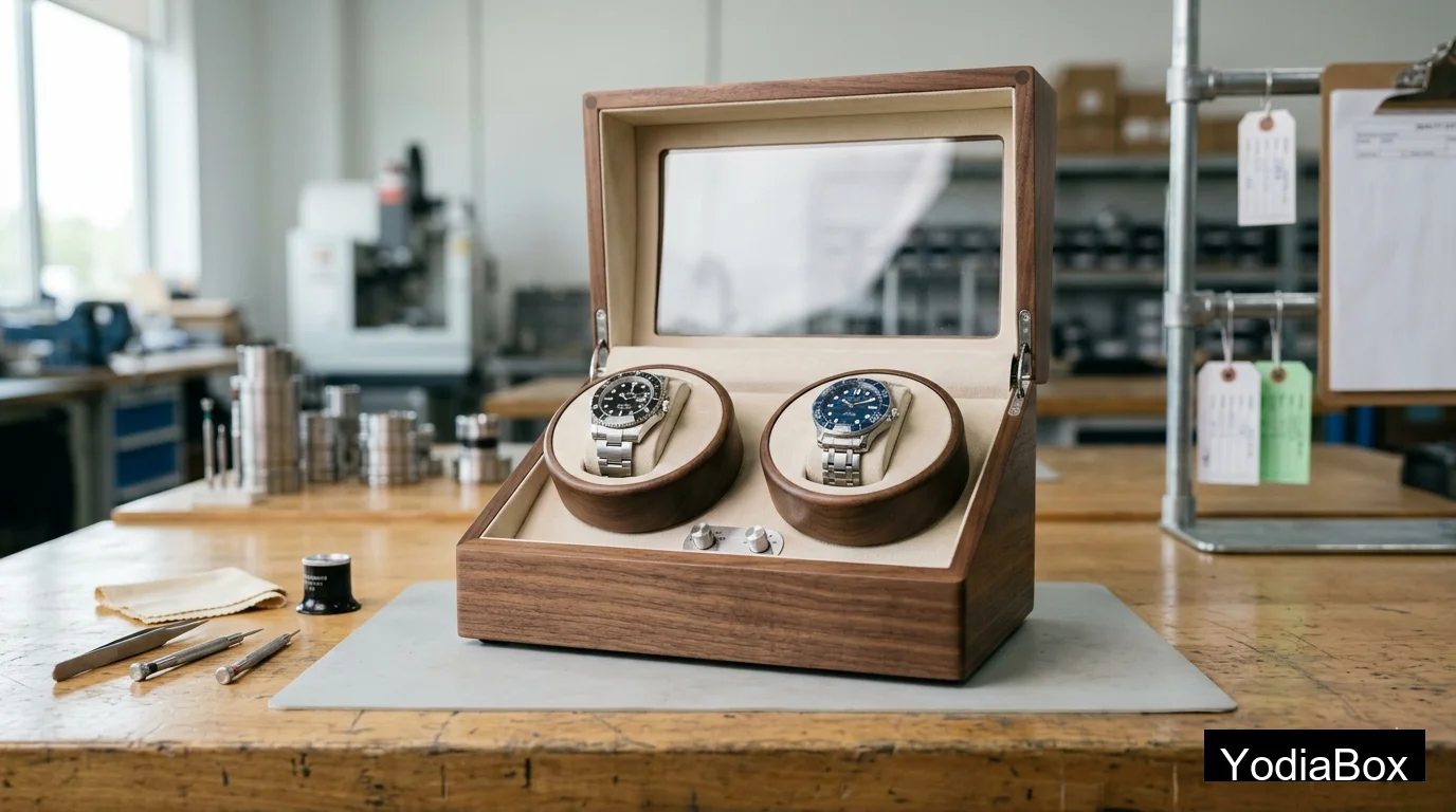 double watch winder box in matte walnut finish with cream suede interior and glass lid on factory inspection table