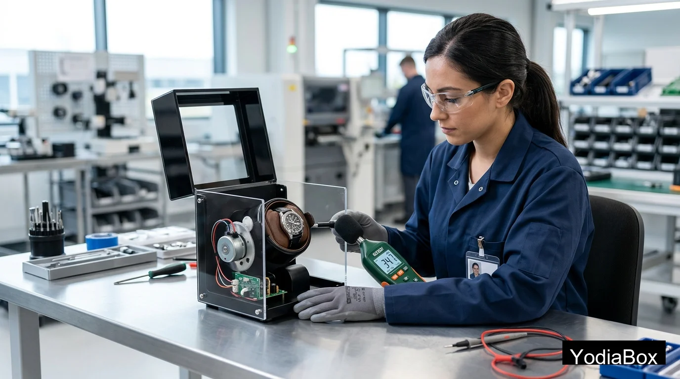 factory worker testing watch winder motor noise level with decibel meter beside open housing