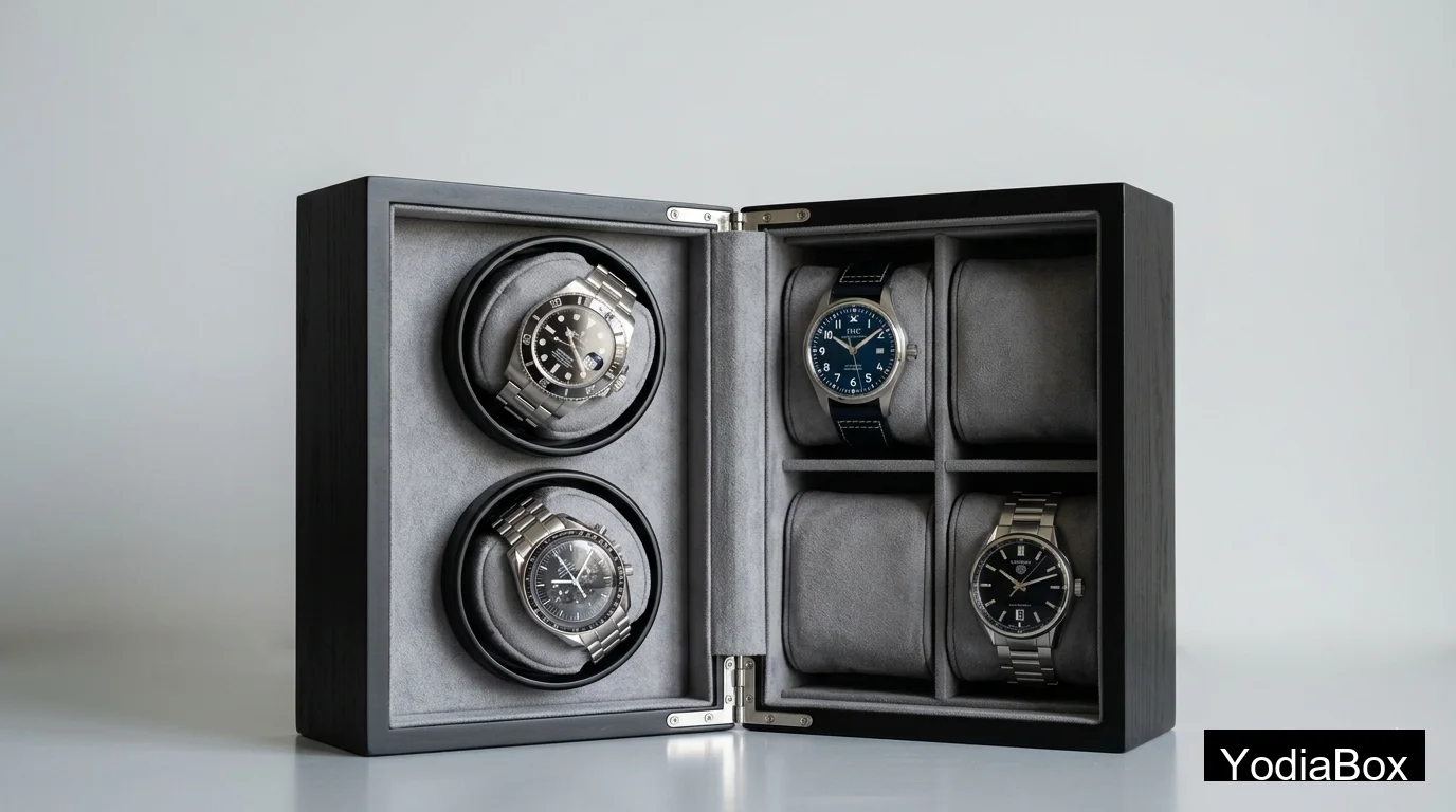 open 4-slot watch winder box with two rotating modules and two static storage compartments in gray microfiber