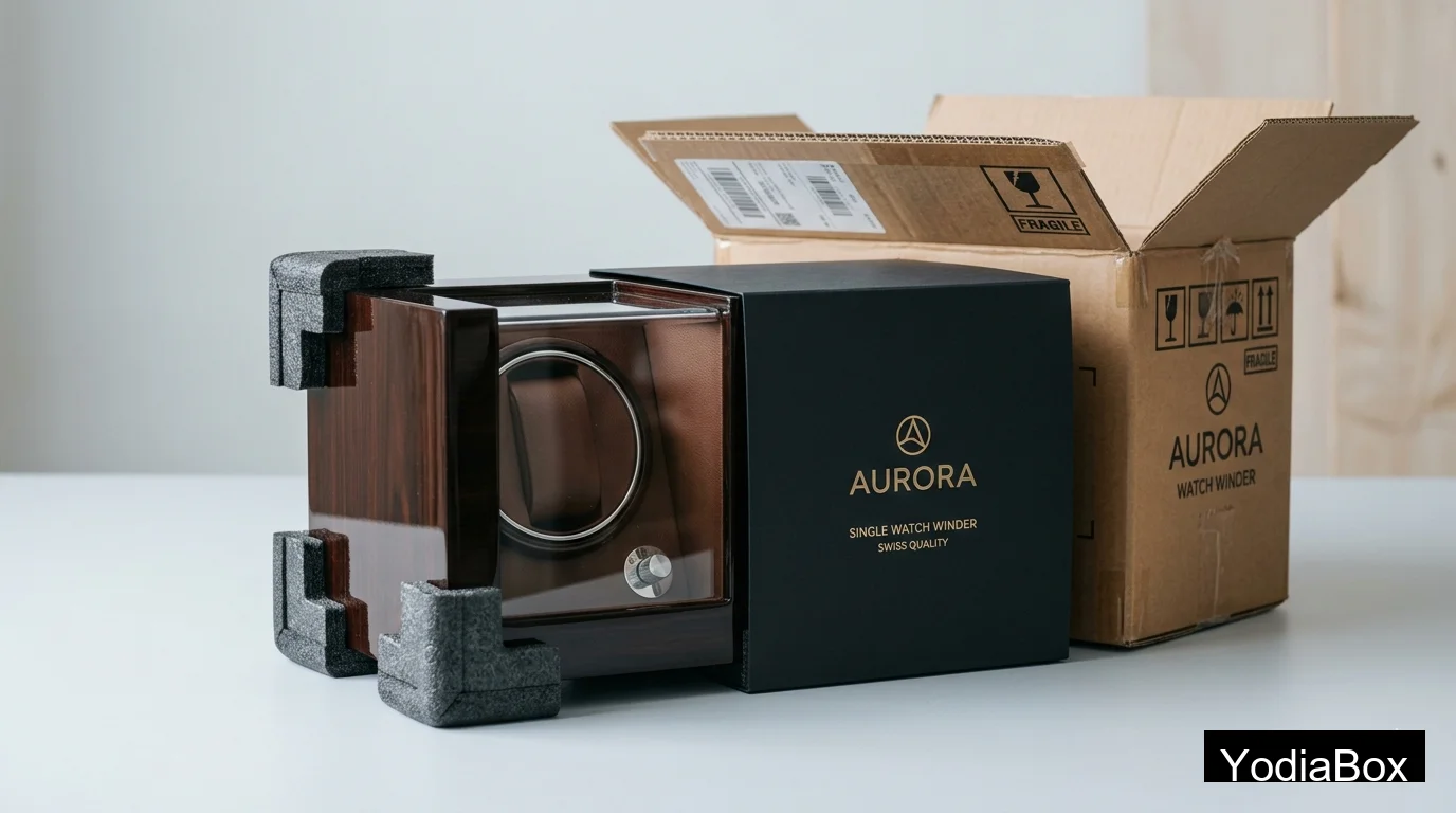 premium single watch winder box packed in branded gift sleeve with foam corner protection and export carton