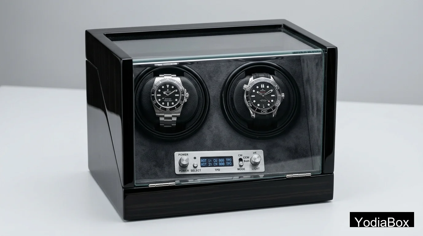 close-up of a premium black wooden watch winder box with glass lid, two rotating cushions, suede interior, and control panel