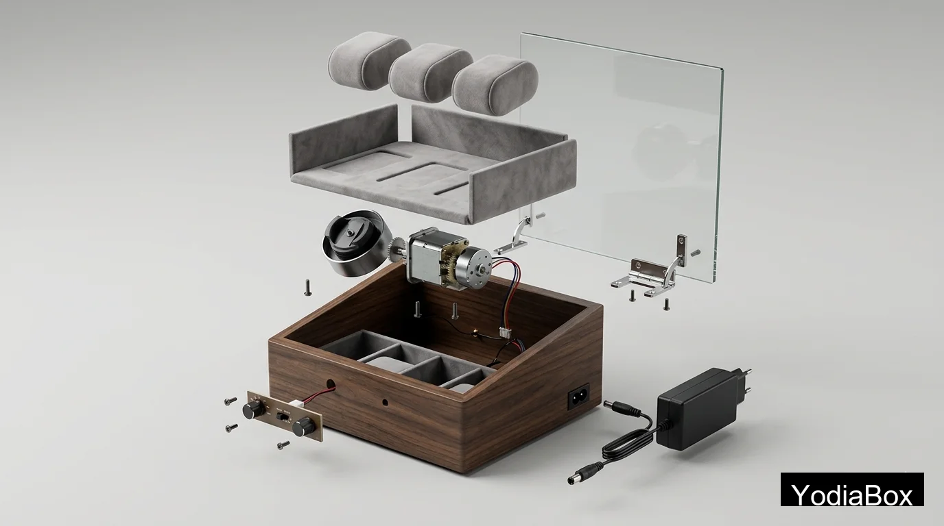 exploded view of watch winder box components showing MDF body, motor module, watch pillow, glass lid, hinge, adapter, and velvet lining