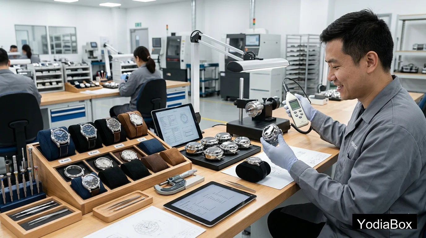 factory quality inspection scene with technician measuring motor noise, checking glossy finish, and testing watch pillow fit on multiple watch sizes