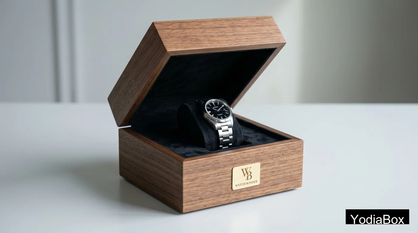 premium finished watch winder box in walnut veneer on a clean studio table with open lid, soft interior lighting, and branded logo plate