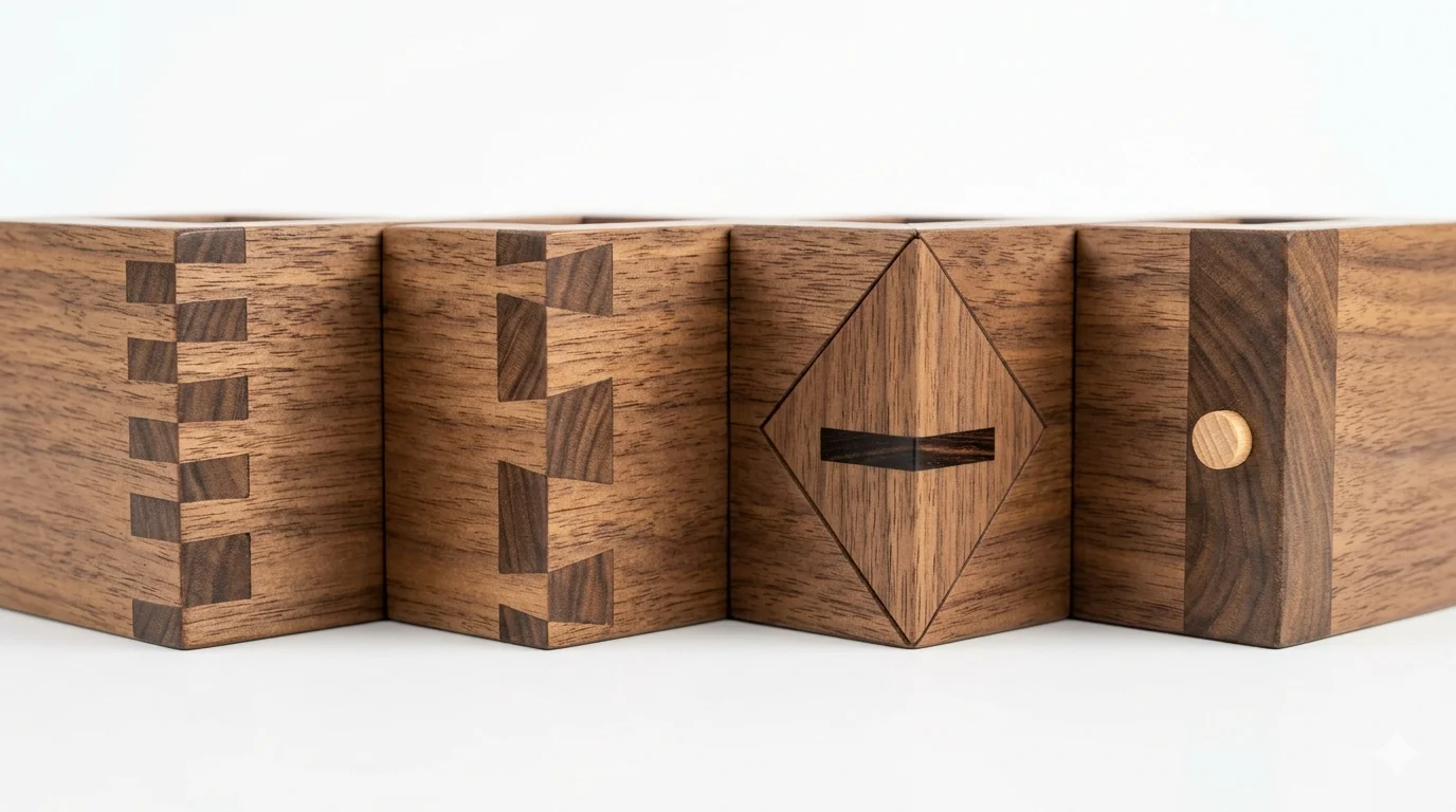 Close-up of four joinery types on walnut watch box corners: finger joint, dovetail, mitered spline, and butt joint with dowel visible on cut cross-section. Alt text: