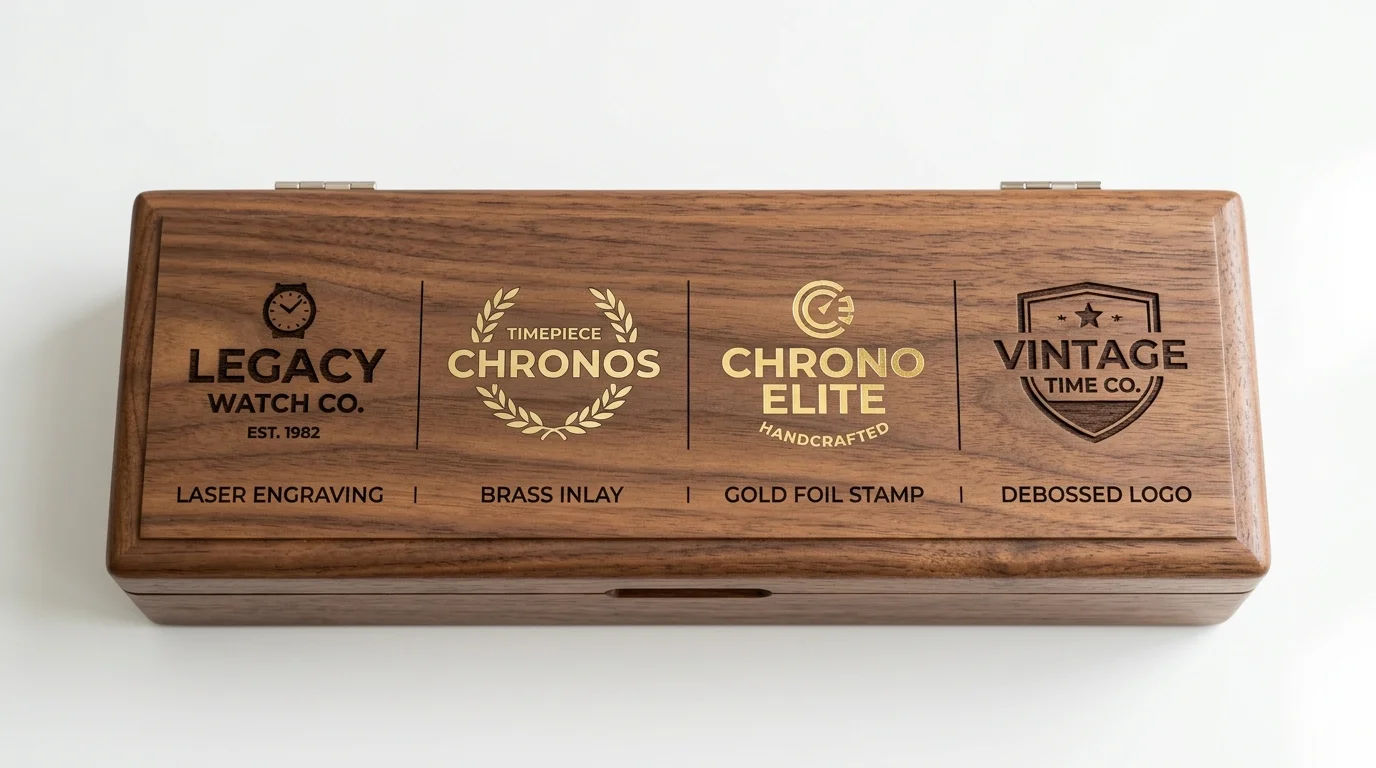 Four customization techniques side-by-side on walnut watch box lid: laser engraving, brass inlay, gold foil stamp, and debossed logo. Alt text: