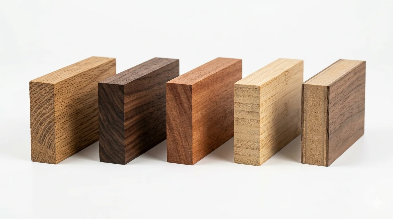Side-by-side cross-section of five wood species/MDF panel samples showing grain, color, and edge quality. Alt text: