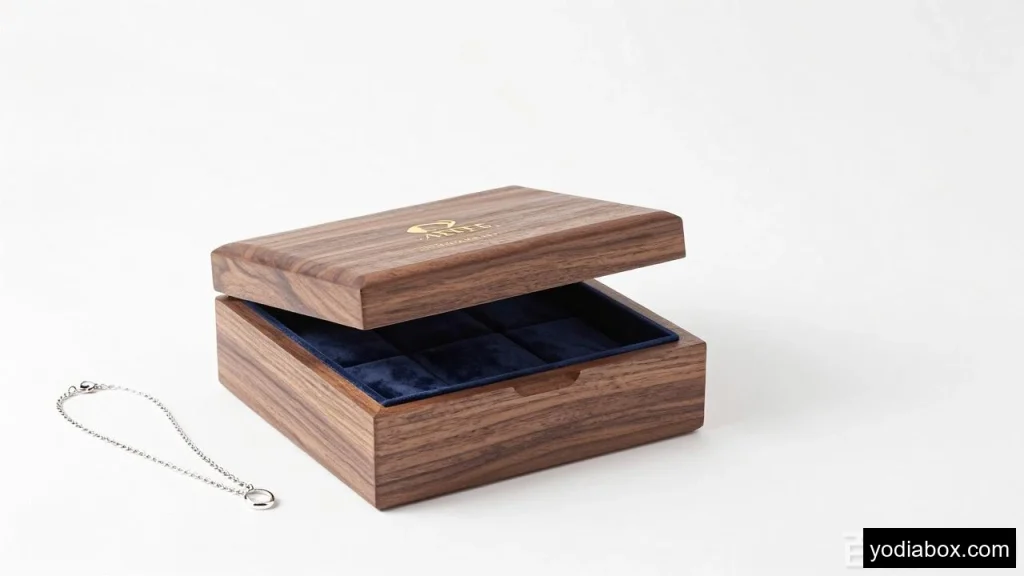 Luxury custom wooden jewelry box with velvet interior and gold foil logo, displayed on a clean white studio background for professional packaging photography