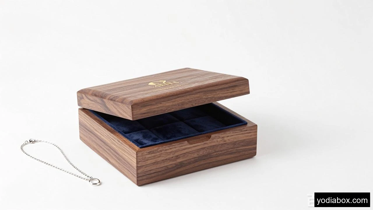 Luxury custom wooden jewelry box with velvet interior and gold foil logo, displayed on a clean white studio background for professional packaging photography